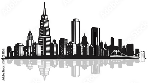Modern city skyline with tall buildings and a bridge reflected in a black and white vector illustration