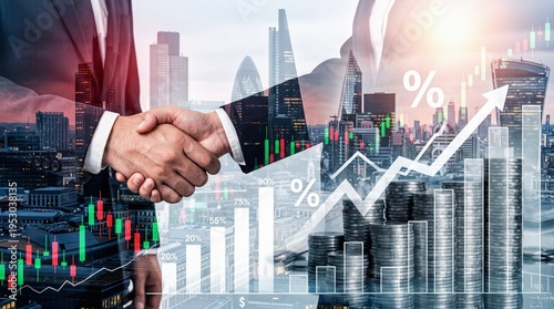 Business Handshake in Modern City with Financial Growth Charts and Stacks of Coins