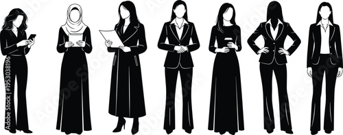 businesswomen, professional, women, office, silhouette, corporate, leadership, business, career, team, standing, confident, workplace, fashion, manager, executive, illustration, corporatewomen