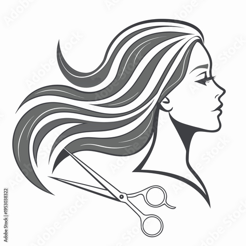 Woman's profile with flowing hair and scissors, hair salon or beauty stylist concept