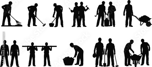 Construction workers silhouette collection, builders with tools, wheelbarrow and equipment, manual labor team, industrial work activity illustration set