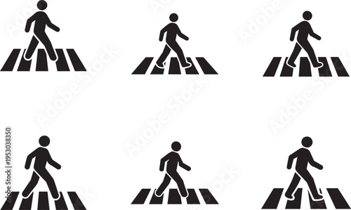 Crosswalk pedestrian sign icon set with zebra crossing, walking person, road safety symbol vector.