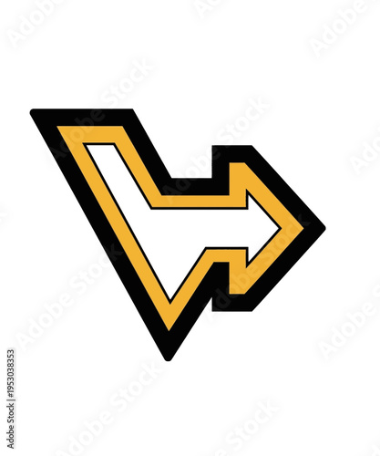 Stylized black and gold chevron arrow graphic points sharply toward the right direction