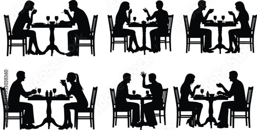 Couples dining silhouettes set, people talking eating at restaurant table romantic dinner conversation social meeting isolated black figures