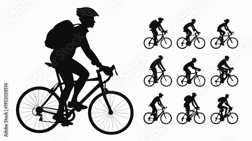 Cyclist riding a bicycle silhouette vector set, healthy lifestyle and outdoor sports activity