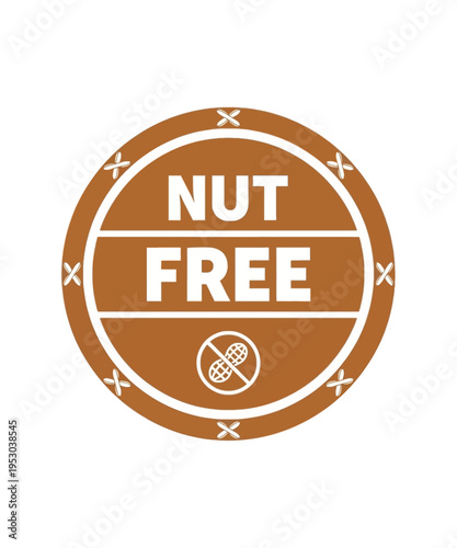 An essential circular brown and white 'Nut Free' warning label, featuring a prominent crossed-out peanut icon.