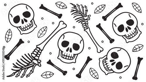 Spooky skull and bone pattern with leaves, halloween background and creepy decoration art