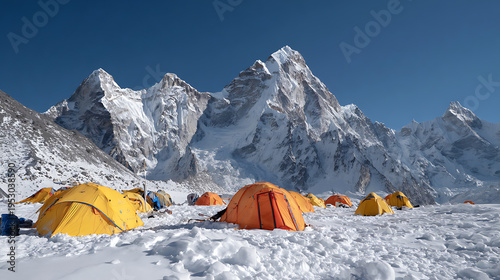 Vibrant Tents Dot a Snow-Covered Himalayan Landscape Beneath Towering, Jagged Peaks and a Clear Blue Sky, Signaling High Altitude Mountain Expedition