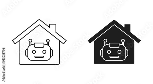 Smart Home Automation Robot Head Inside House Icon Vector Set: Black Outline and Solid Glyph for AI Technology and IoT Concepts