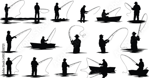 Fishing people silhouette collection, anglers casting rods from shore and boat, outdoor hobby activity, sport fishing illustration set