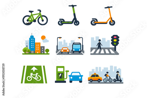 City streets with various vehicles and cyclists moving, showing traffic, scooters, and bikes.