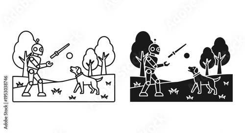 Robot Playing with Dog in Park Vector Illustration Set: Outline and Solid Black Flat Design for Technology, AI, and Pet-Related Concepts