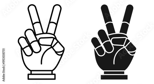 Set of 2 Peace Sign Hand Gesture Icons Vector in Outline and Solid Black Styles for Web, UI, and Graphic Design Projects