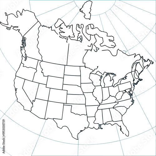 Detailed vector outline map of north america with countries and internal state borders