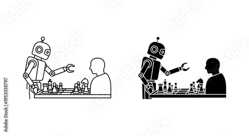 AI Robot Playing Chess with Human Silhouette Vector Illustration Set - Artificial Intelligence vs Human Strategy Game Concept