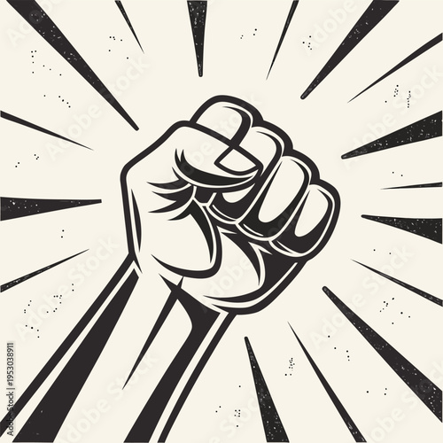 Clenched fist vector illustration with radiating lines and grunge texture for power and protest