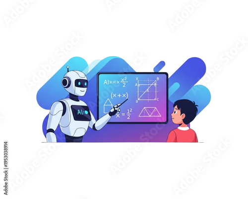 Artificial intelligence for education: Robot tutor teaching math geometry to student. Vector illustration of smart android pointing at digital board formulas and equations for learning concept.