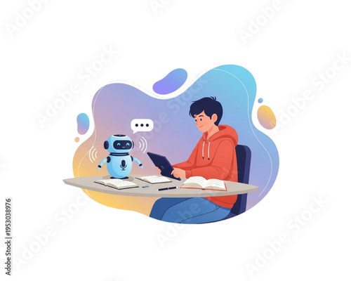 Artificial Intelligence For Education concept showing a boy in orange hoodie studying with a tablet and a small voice-controlled robot on a desk with notebooks, modern flat vector illustration.