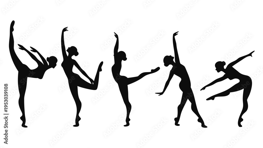 Fototapeta premium Graceful ballerina silhouettes in various dance poses vector illustration for performance art