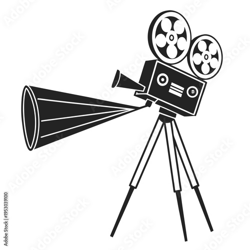 Vintage cinema camera silhouette with film reels and light beam for movie production