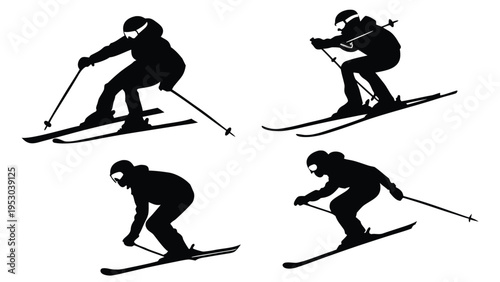 Set of skiers silhouettes in downhill skiing poses vector illustration for winter sports activity