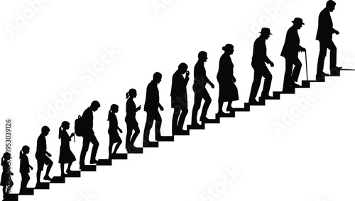 Human life stages silhouette concept showing child to elderly walking up stairs aging process growth timeline metaphor isolated black figures