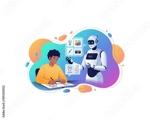 Black male artist sketching in notebook with AI robot mentor showing design icons like camera and color palette, artificial intelligence for creative arts concept flat vector illustration.