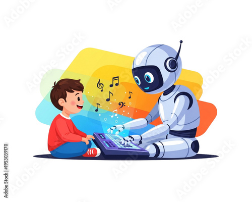 Friendly AI robot playing electric piano keyboard with floating music notes for a happy young boy, artificial intelligence musical entertainment and kid learning concept flat vector illustration.
