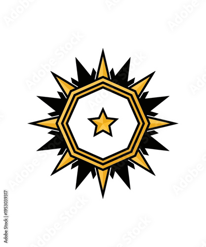Golden geometric insignia featuring a central five-pointed star within a spiked sunburst design