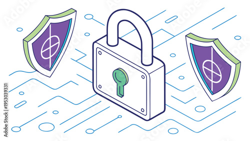 Isometric cybersecurity technology concept with digital padlock and protective shields over circuit lines