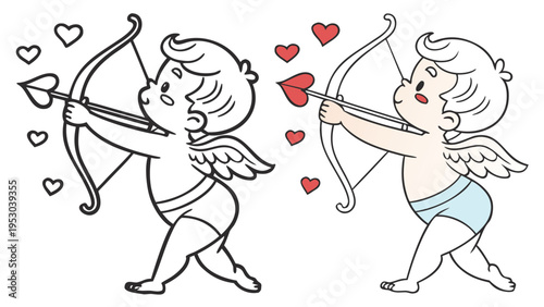 Cupid character holding bow and heart arrow for valentines day in line art and colored vector styles