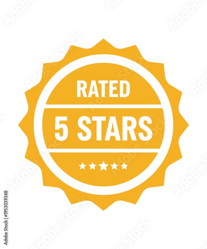 Golden five-star rating badge icon displaying "Rated 5 Stars" text, symbolizing top quality and customer satisfaction.