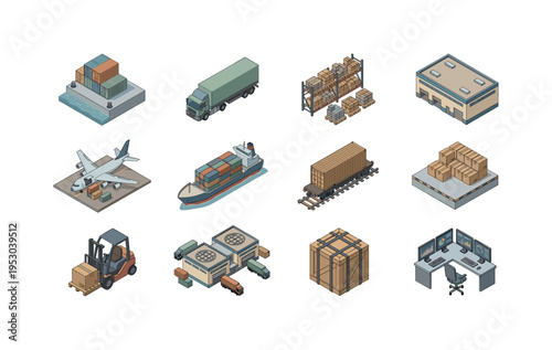 Isometric logistics and delivery icons showing various modes of transport and warehousing