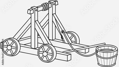 Medieval catapult siege engine illustration with wooden frame wheels and bucket for historical warfare