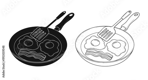 Black and white illustration of frying pans with eggs and bacon