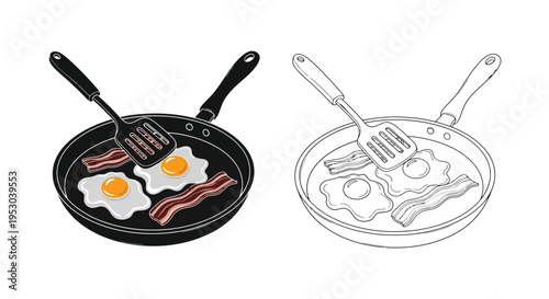 Breakfast illustration featuring bacon eggs and frying pans in two styles
