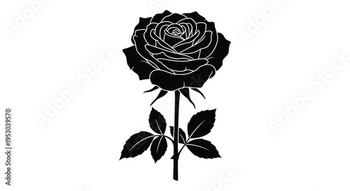 A striking black silhouette of a fully bloomed rose with stem and leaves