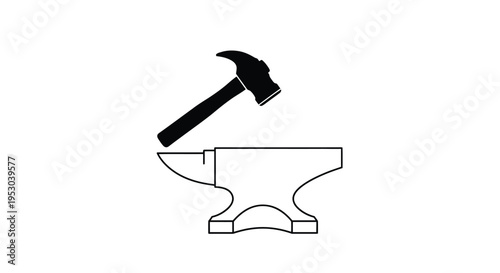 Black and white illustration of a hammer above an anvil