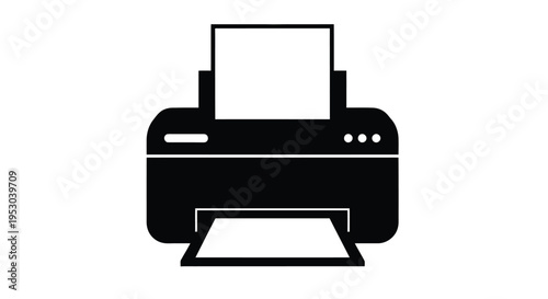 Simple black silhouette of a modern inkjet printer on a white background