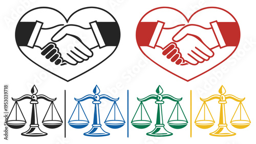 Business handshake in heart and law scales of justice icon set for legal agreement and partnership