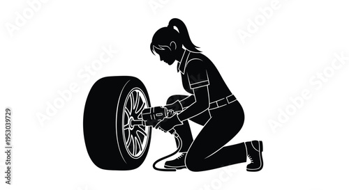 Vector illustration of woman changing a tire