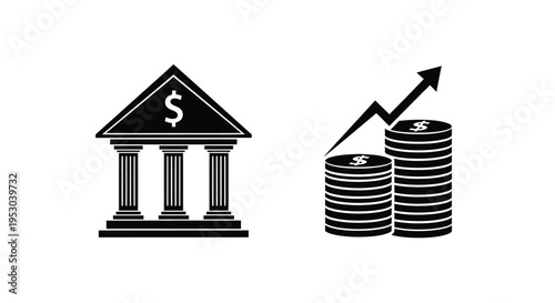 Financial growth represented by a bank building and rising stacks of money