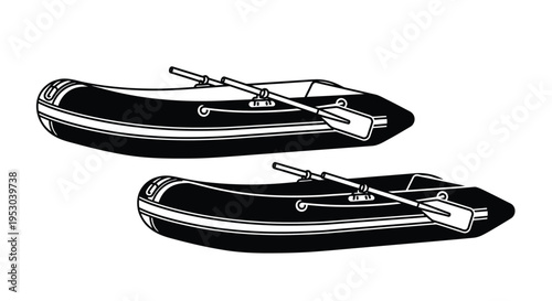 Two black and white inflatable boats with oars isolated on white