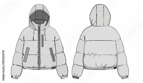 Hooded Puffer Jacket Technical Fashion CAD Illustration Front and Back View