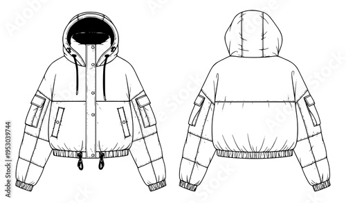 Cropped Hooded Down Jacket Technical Flat CAD Illustration for Unisex Fashion