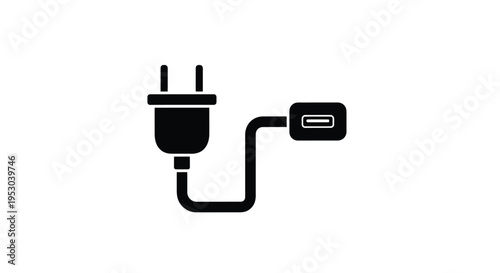 Simple black icon depicting a power plug with a usb connection