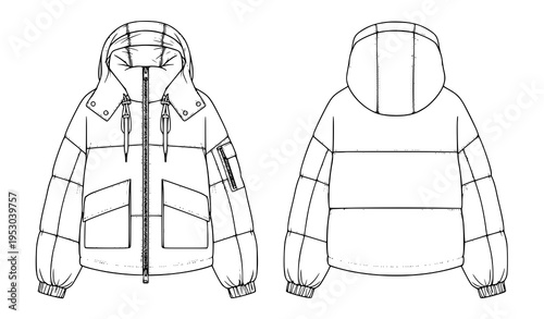 Hooded Puffer Jacket Flat CAD Technical Illustration for Winter Fashion Design