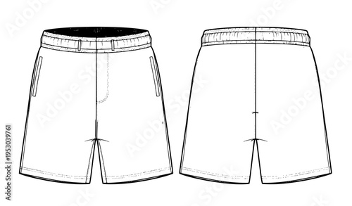 Unisex Sweat Shorts Technical Fashion CAD Illustration Front and Back View
