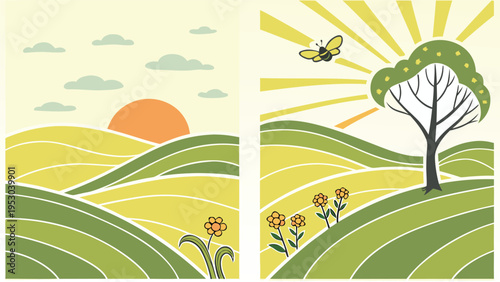 Flat vector nature landscape illustration set with green rolling hills sun tree flowers and bee