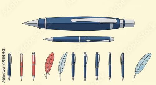 Vector icon set featuring a collection of writing instruments including blue ballpoint pens, red fountain pens, and feather quills in various sizes and styles on a light background.